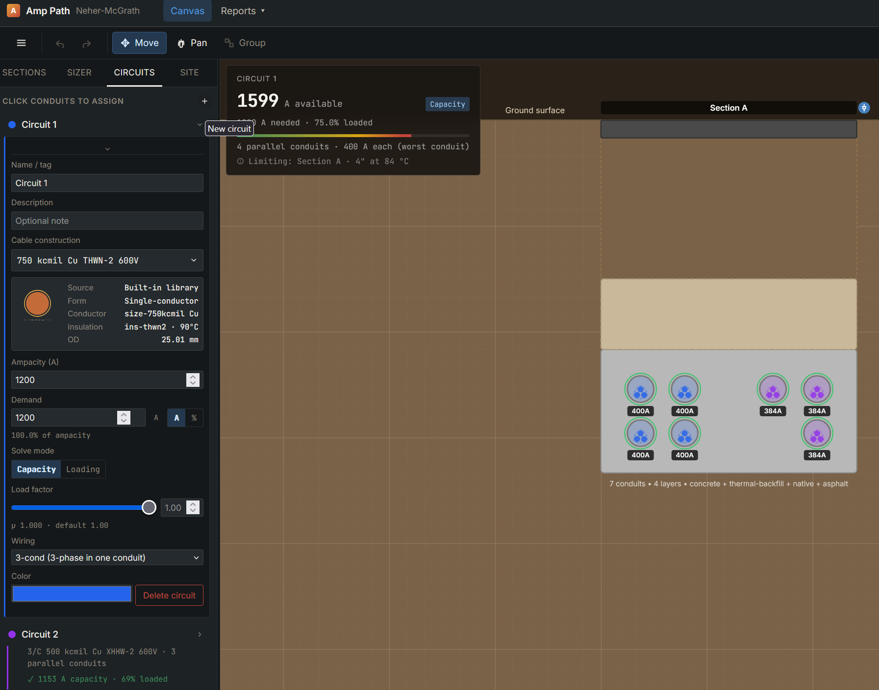 Canvas in dark mode showing a duct bank under edit