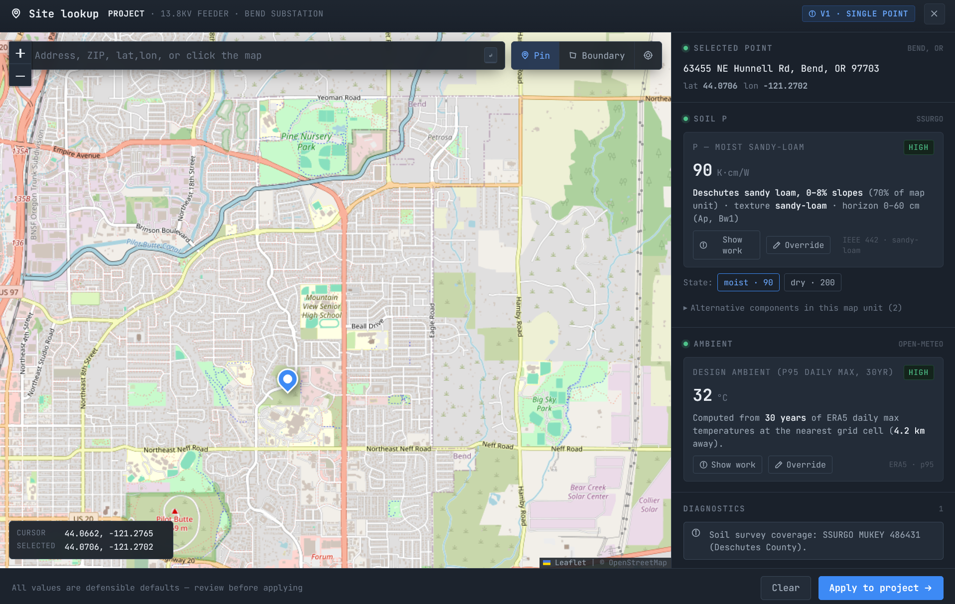 CableSketch Pro site lookup map showing a pin in Bend, OR with soil rho 90 K·cm/W from SSURGO and a 32°C P95 design ambient from ERA5